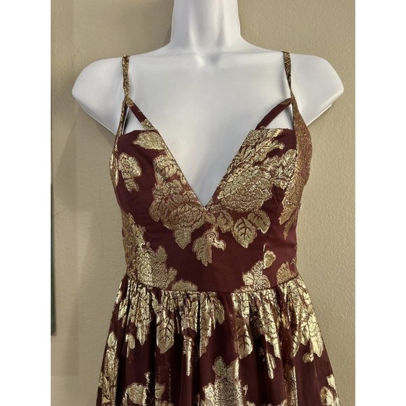 Dear Moon Formal Dress Sz 3 Burgundy‎ Metallic Gold Floral Print Maxi V-Neck - Picture 3 of 10